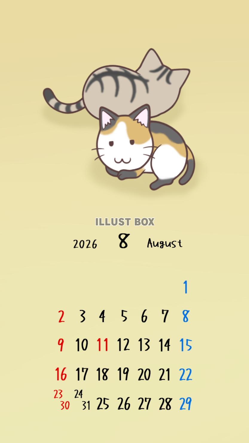猫のスマホ壁紙カレンダー　2026年8月