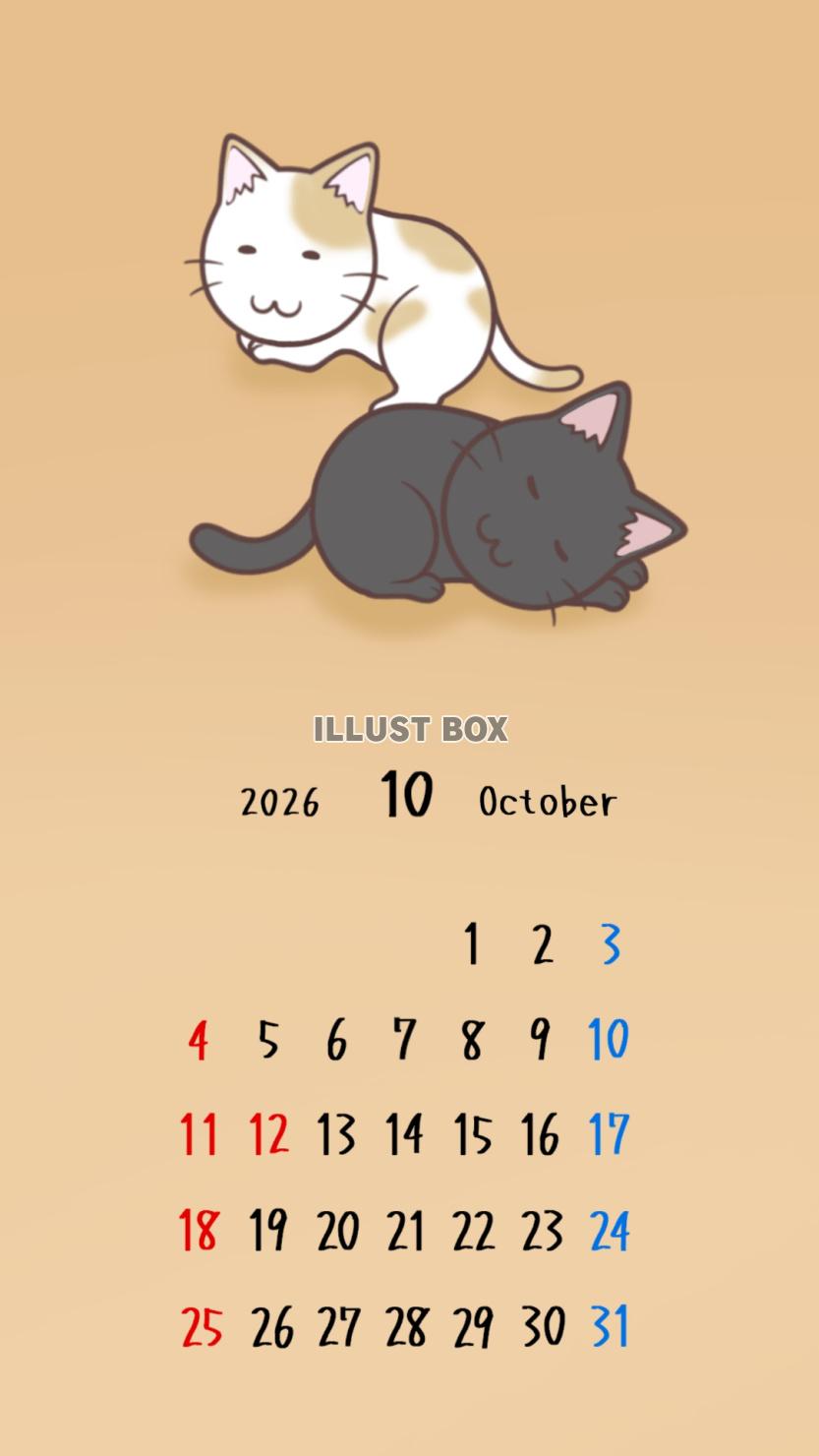猫のスマホ壁紙カレンダー　2026年10月