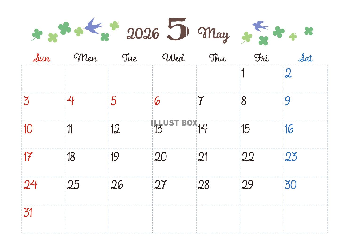 2026年5月カレンダー　クローバー