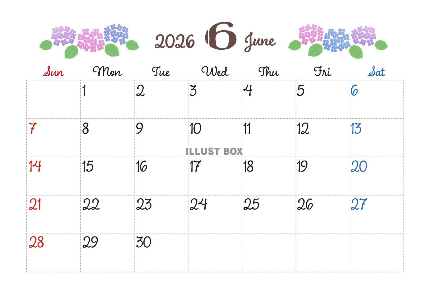 2026年6月カレンダー　紫陽花