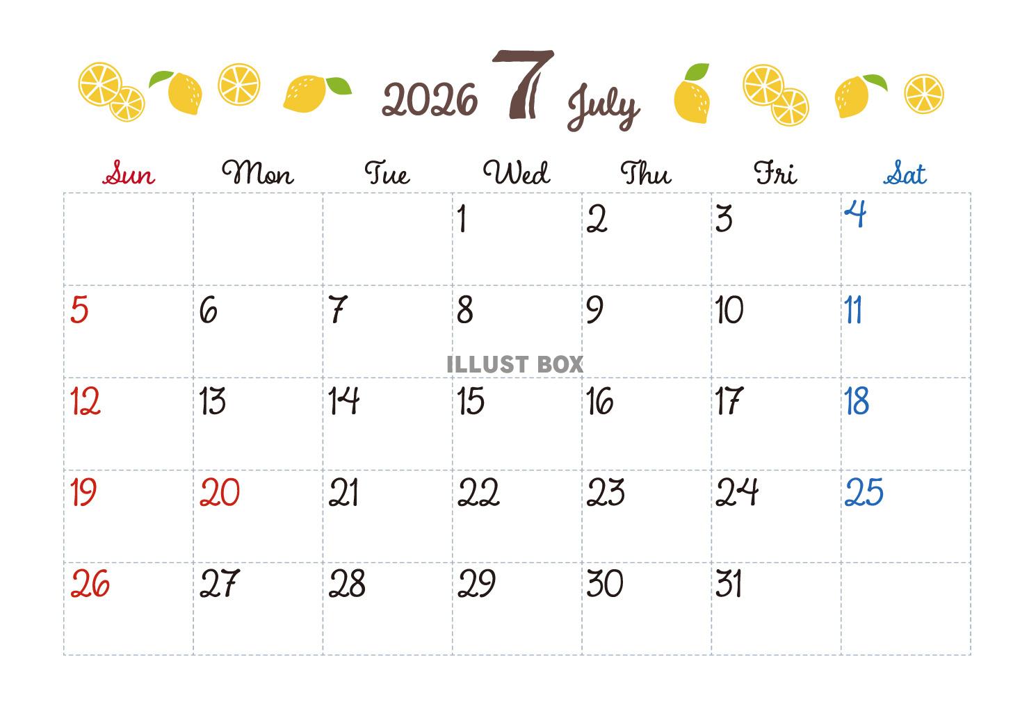 2026年7月カレンダー　レモン