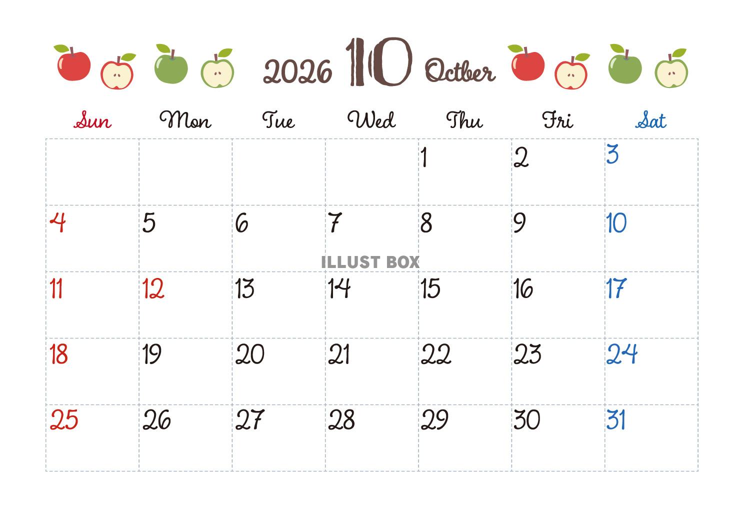2026年10月カレンダー　りんご