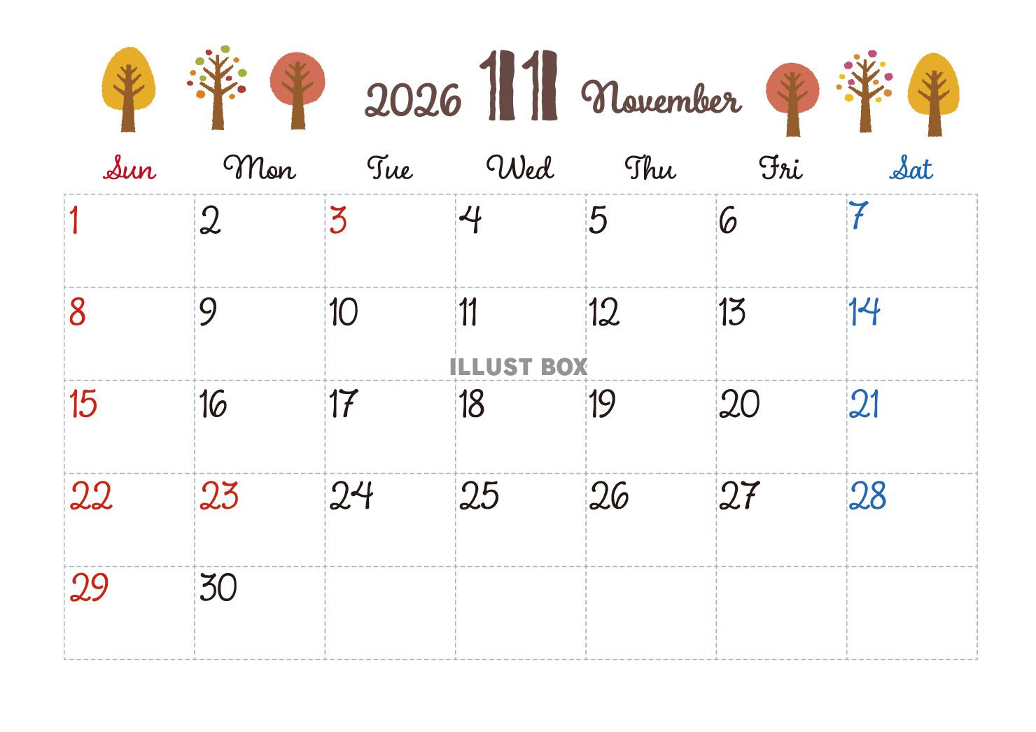 2026年11月カレンダー　紅葉