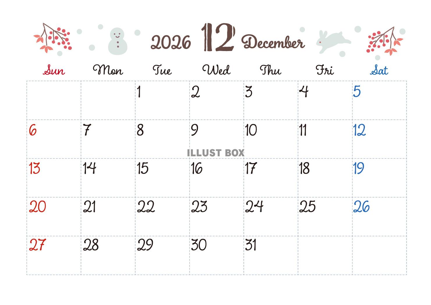 2026年12月カレンダー　雪と南天