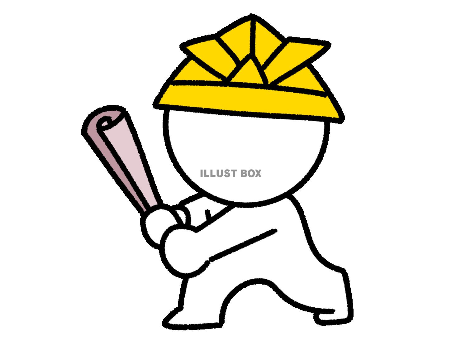 折り紙の兜をかぶり紙の筒を構える棒人間