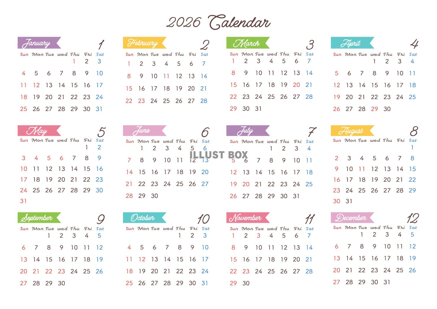 2026年年間カレンダー　リボン