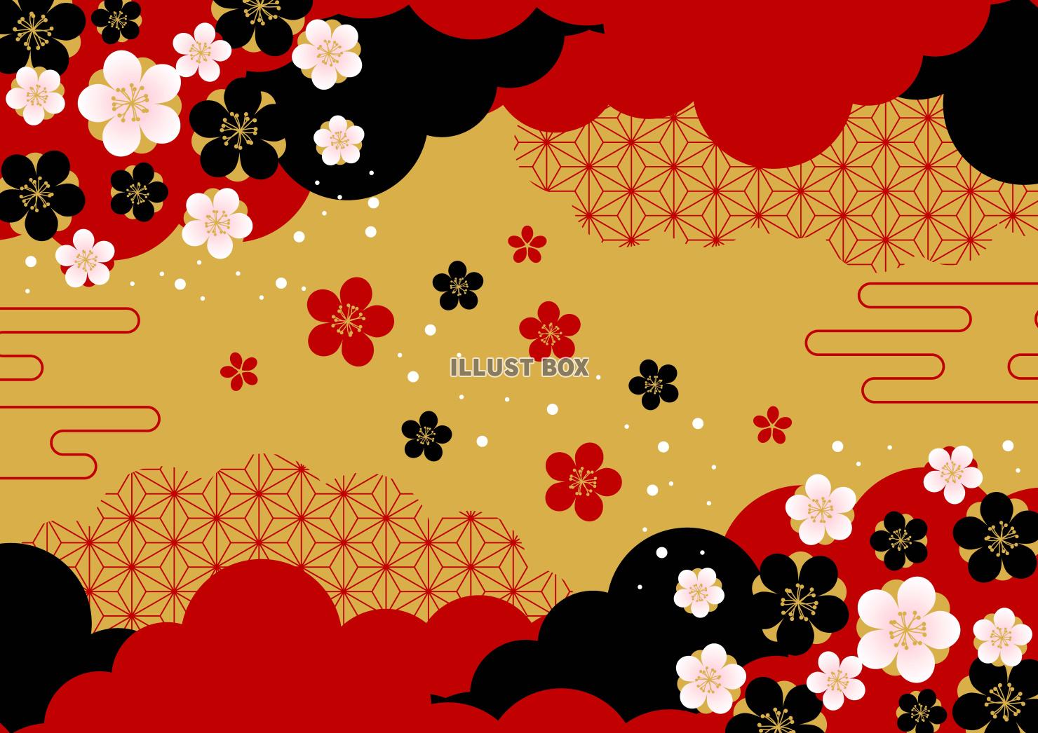 雲に梅の和風春背景・横・金に赤黒