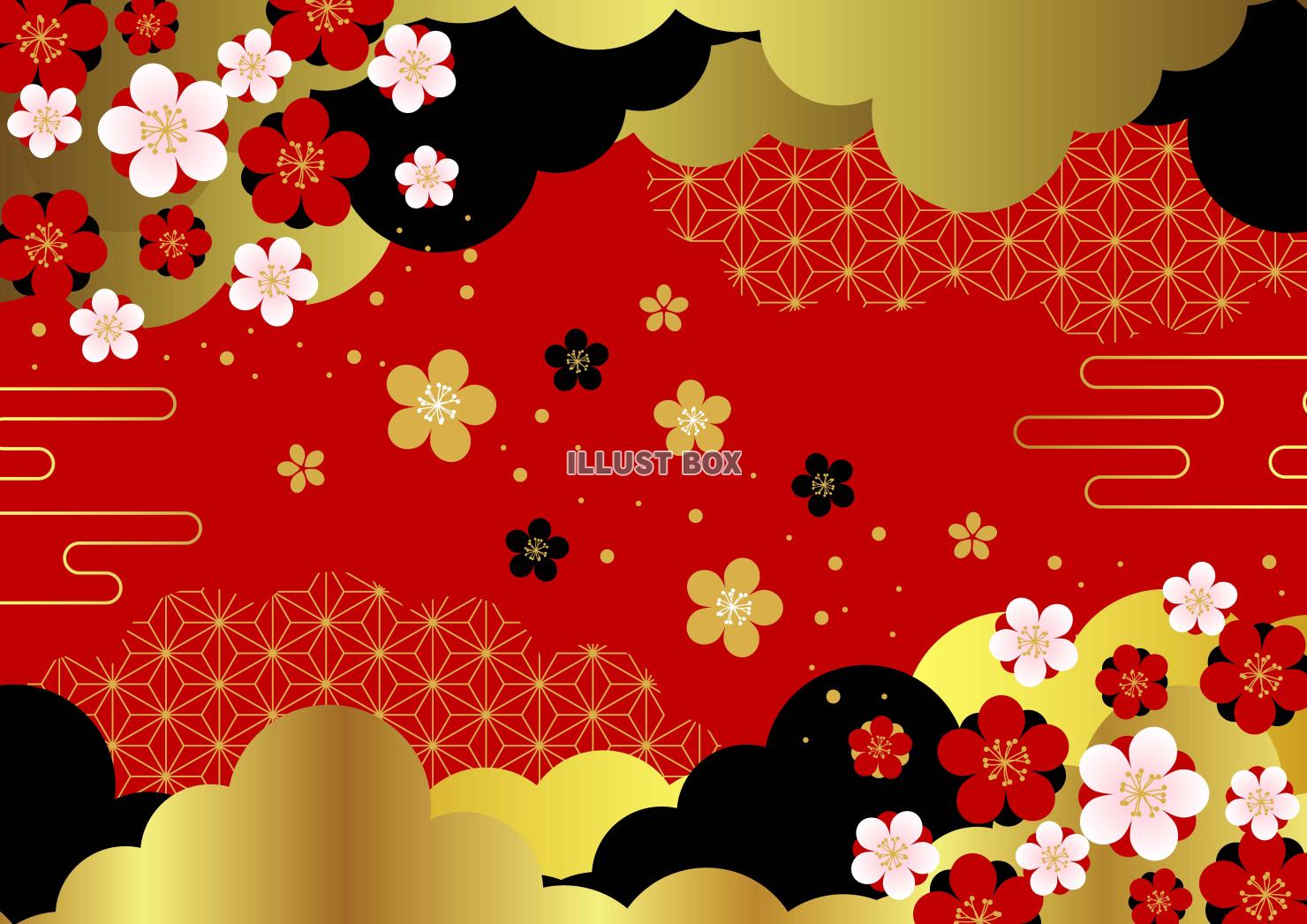 雲に梅の和風春背景・横・赤に金黒