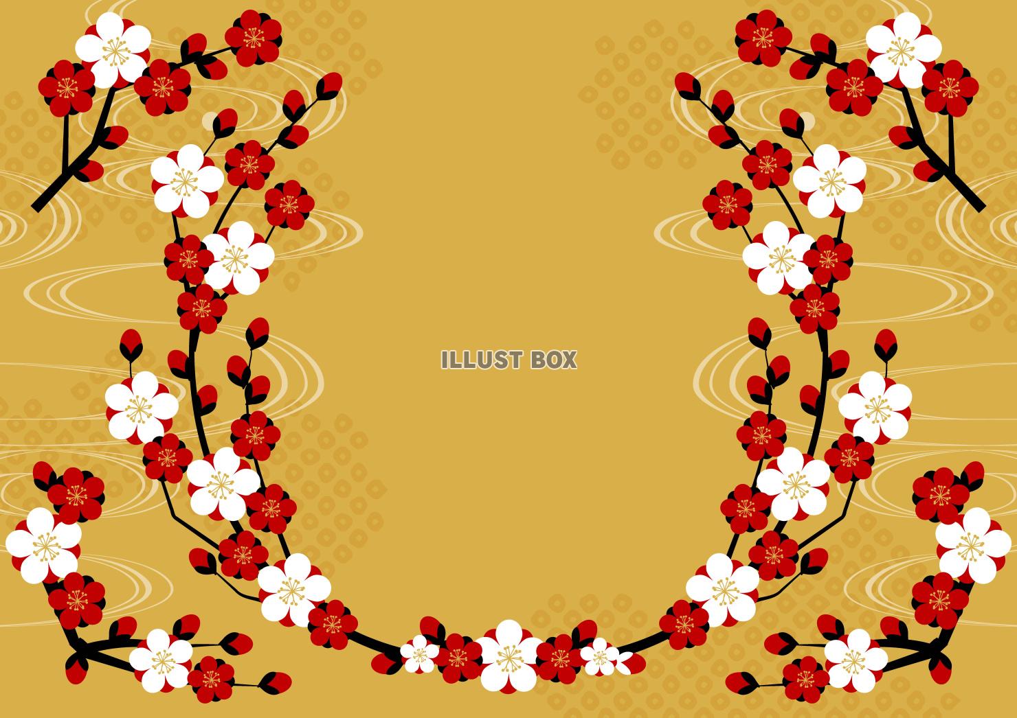 流水に紅白梅の和風春背景・横・金