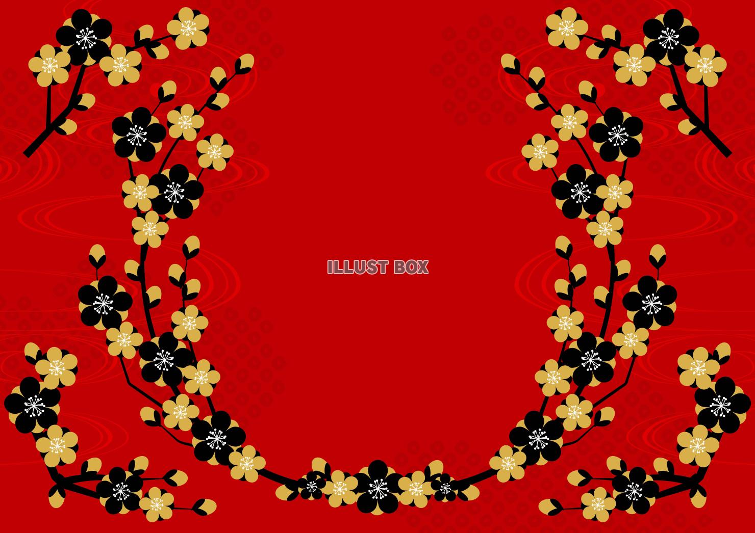 流水に紅白梅の和風春背景・横・赤