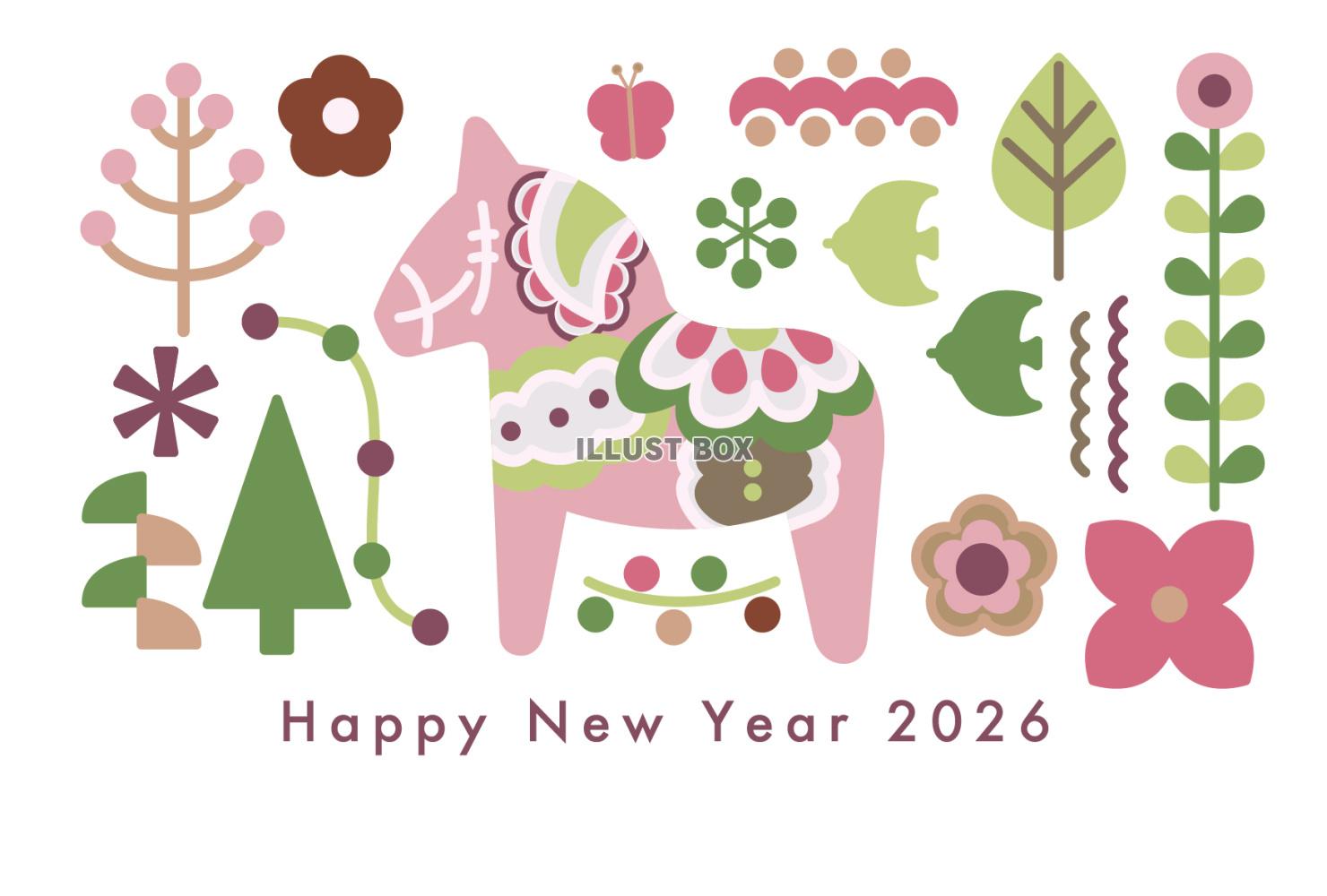 ダーラナホースの2026年午年の年賀状 横 ピンク系