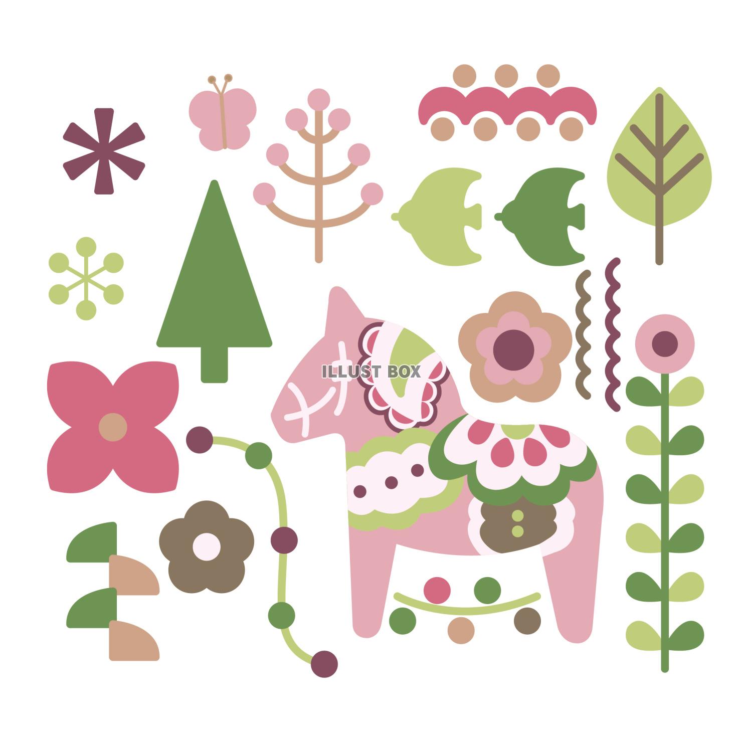 午年年賀状に使えるピンク系ダーラナホースの北欧イラスト