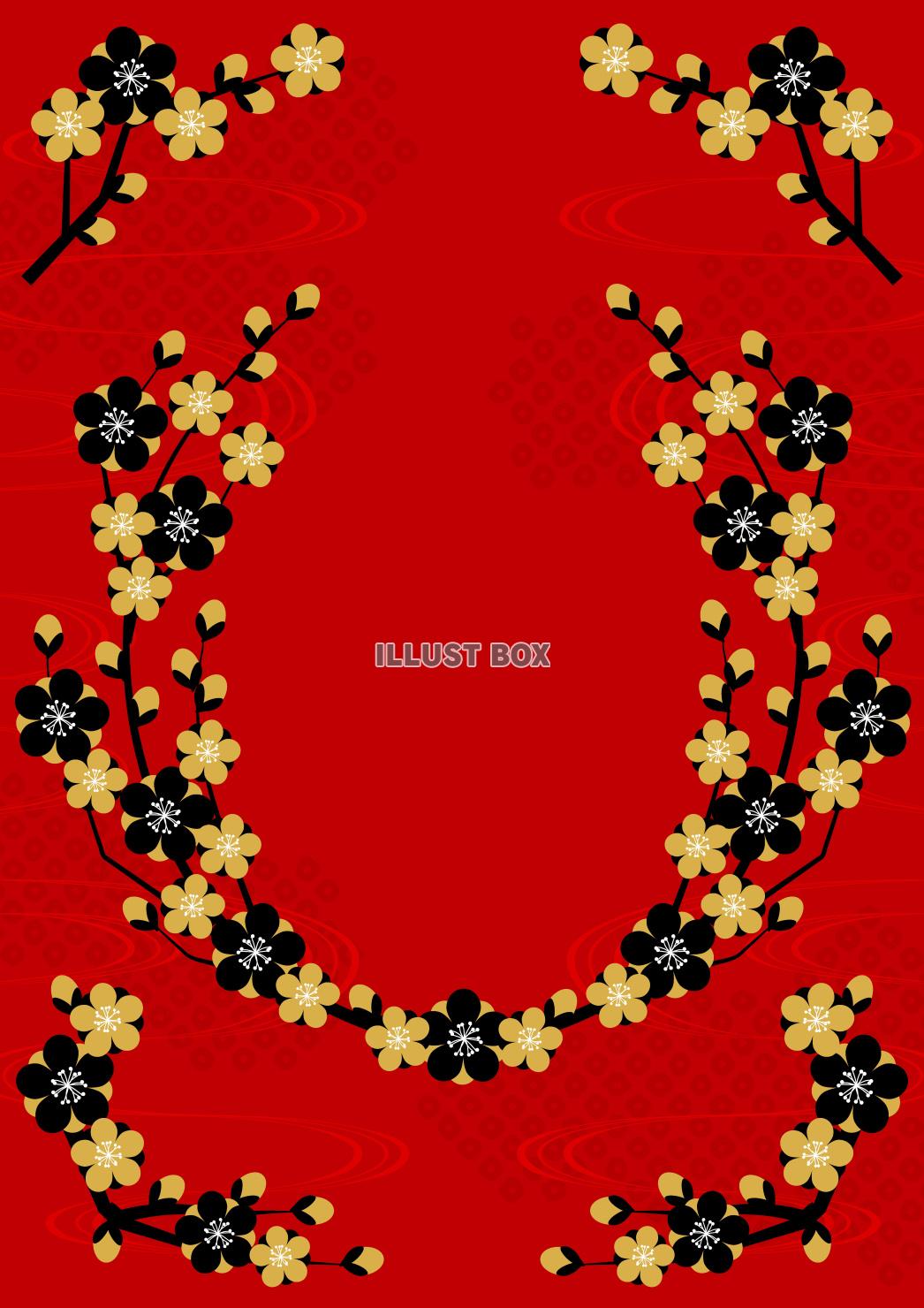 流水に金黒梅の和風春背景・縦・赤