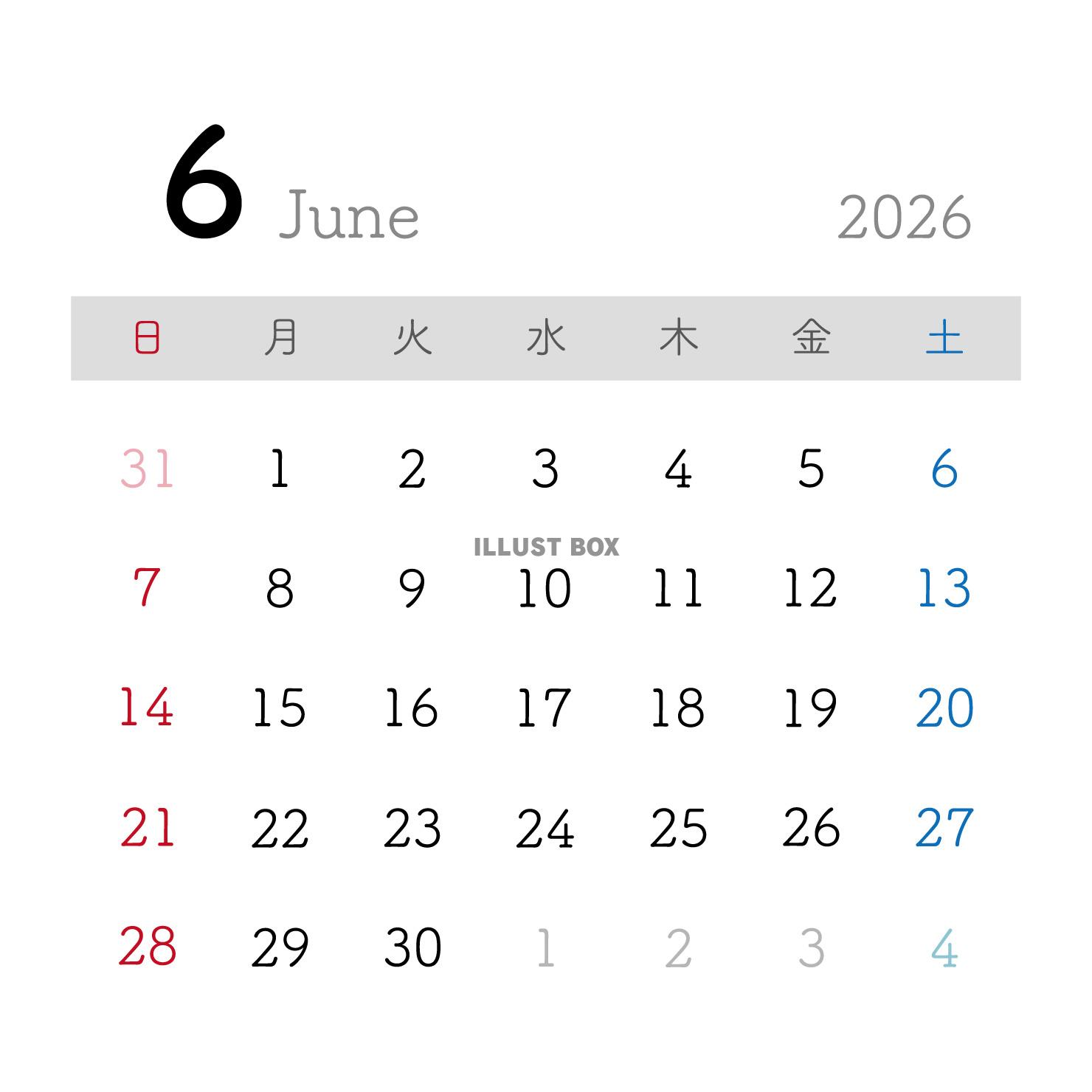 2026年6月カレンダー 正方形 シンプル