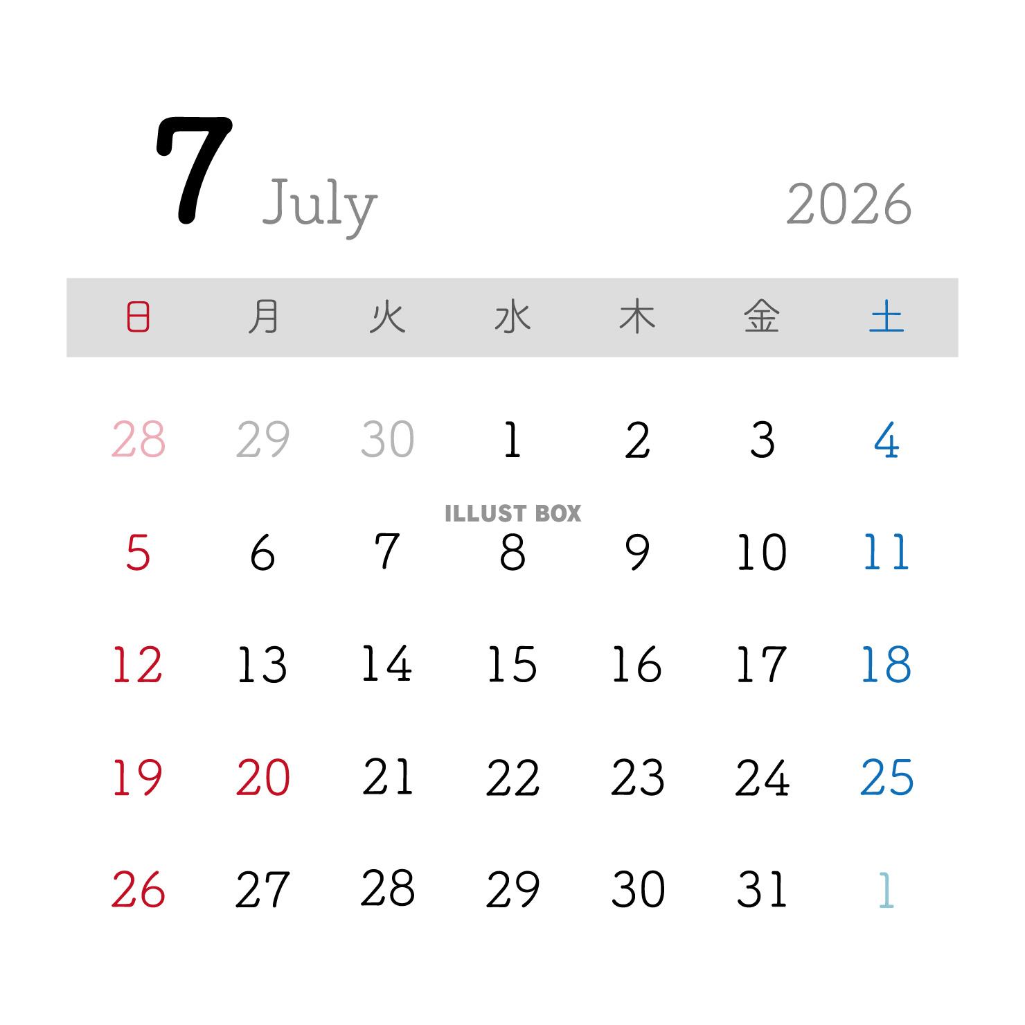 2026年7月カレンダー 正方形 シンプル