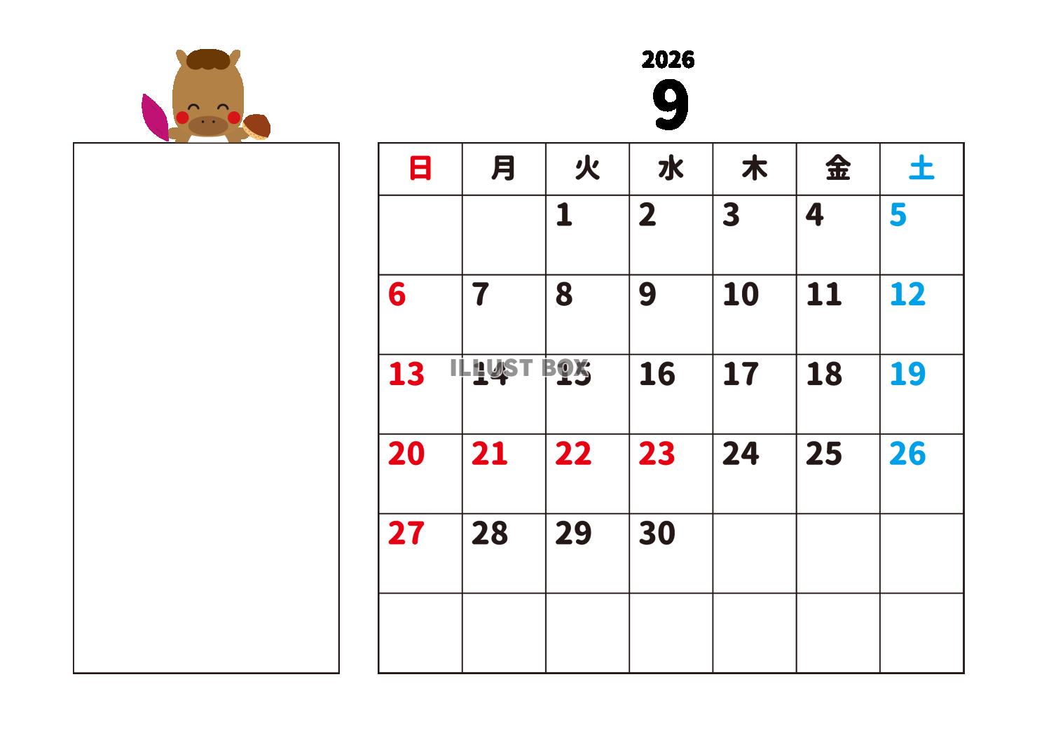 9_2026年月間カレンダー_9月・さつまいもと栗と馬