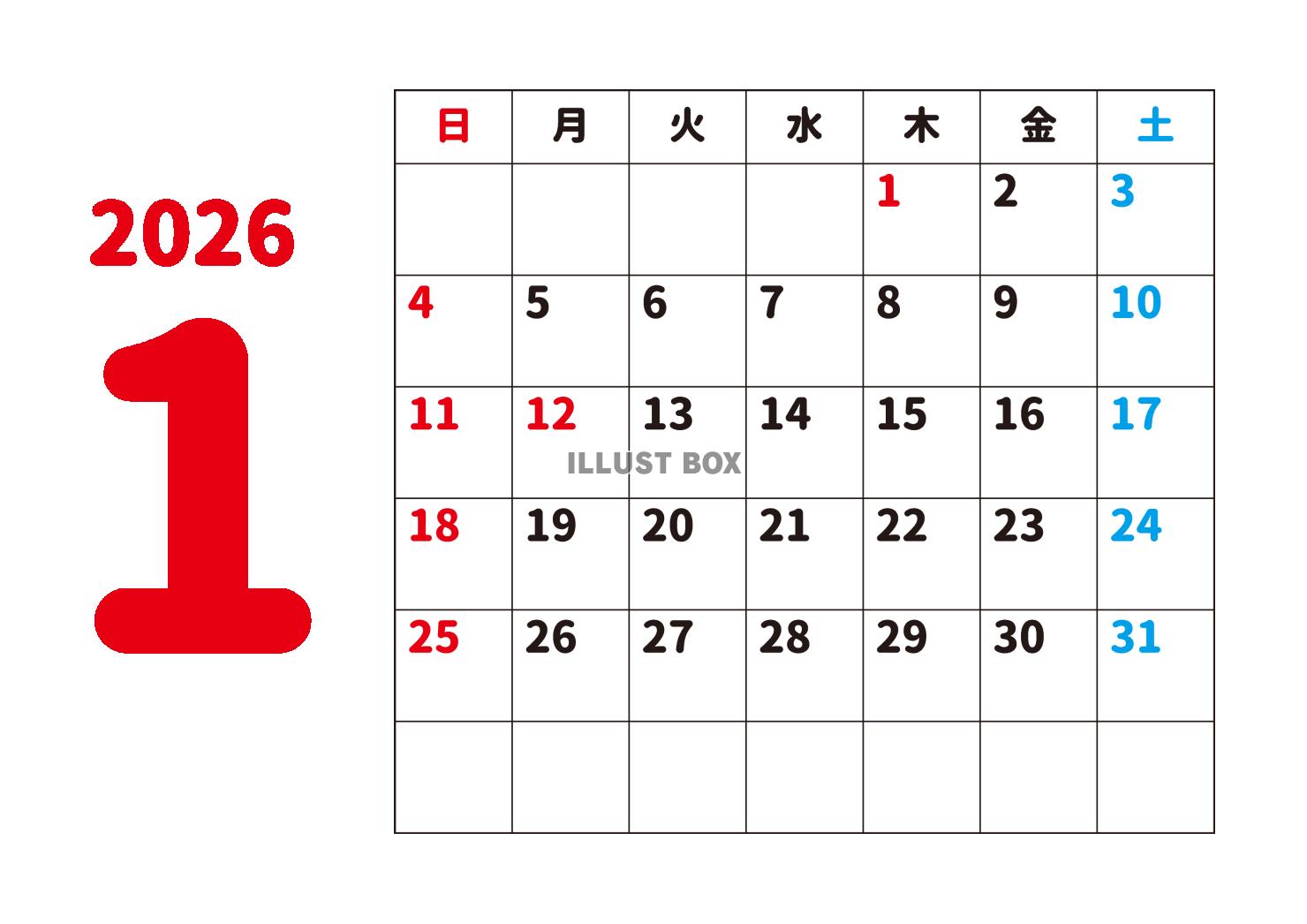 1_2026年月間カレンダー_1月・赤