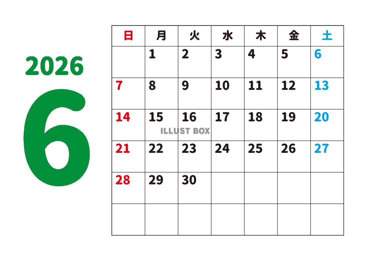 6_2026年月間カレンダー_6月・緑