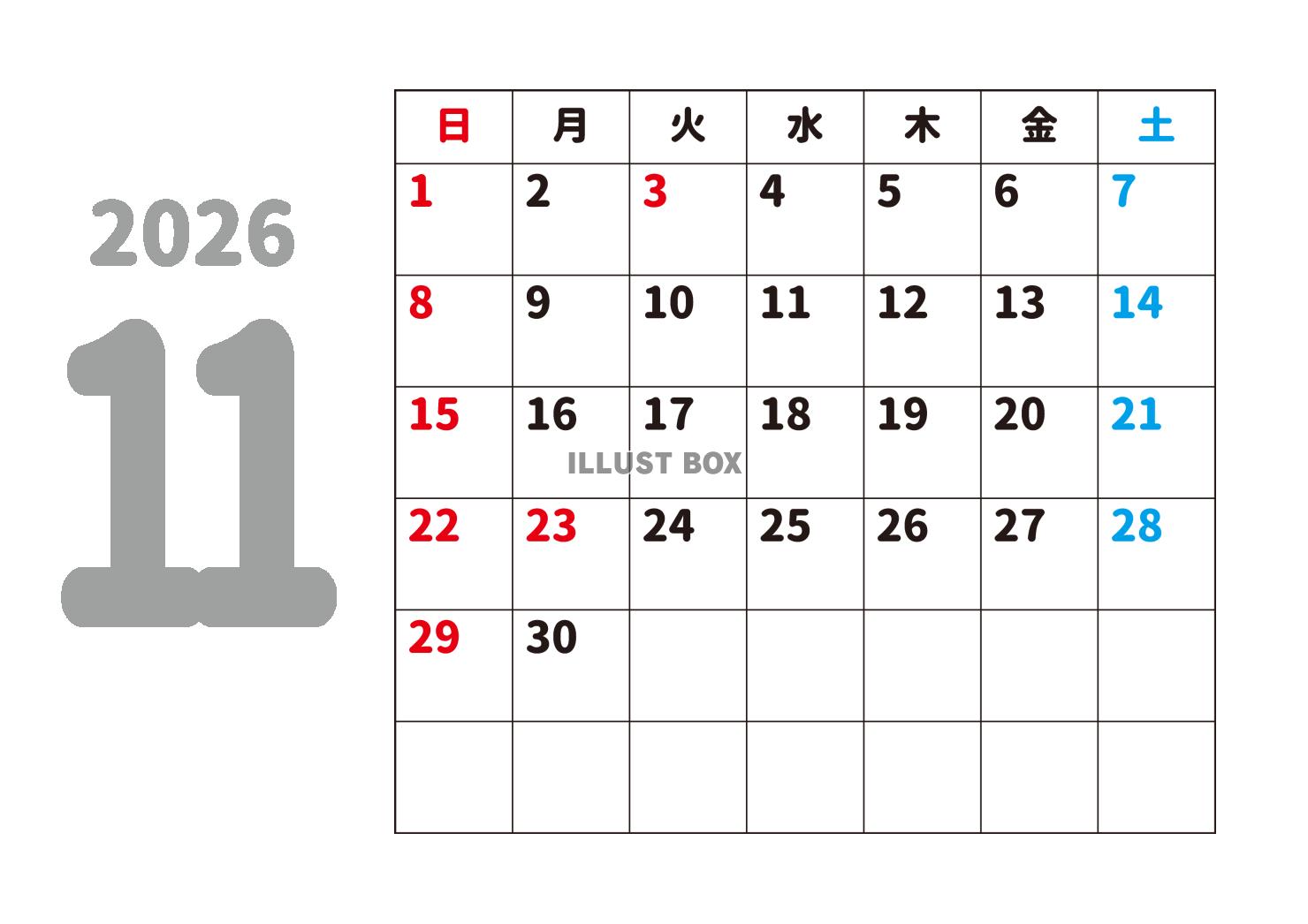 11_2026年月間カレンダー_11月・灰色