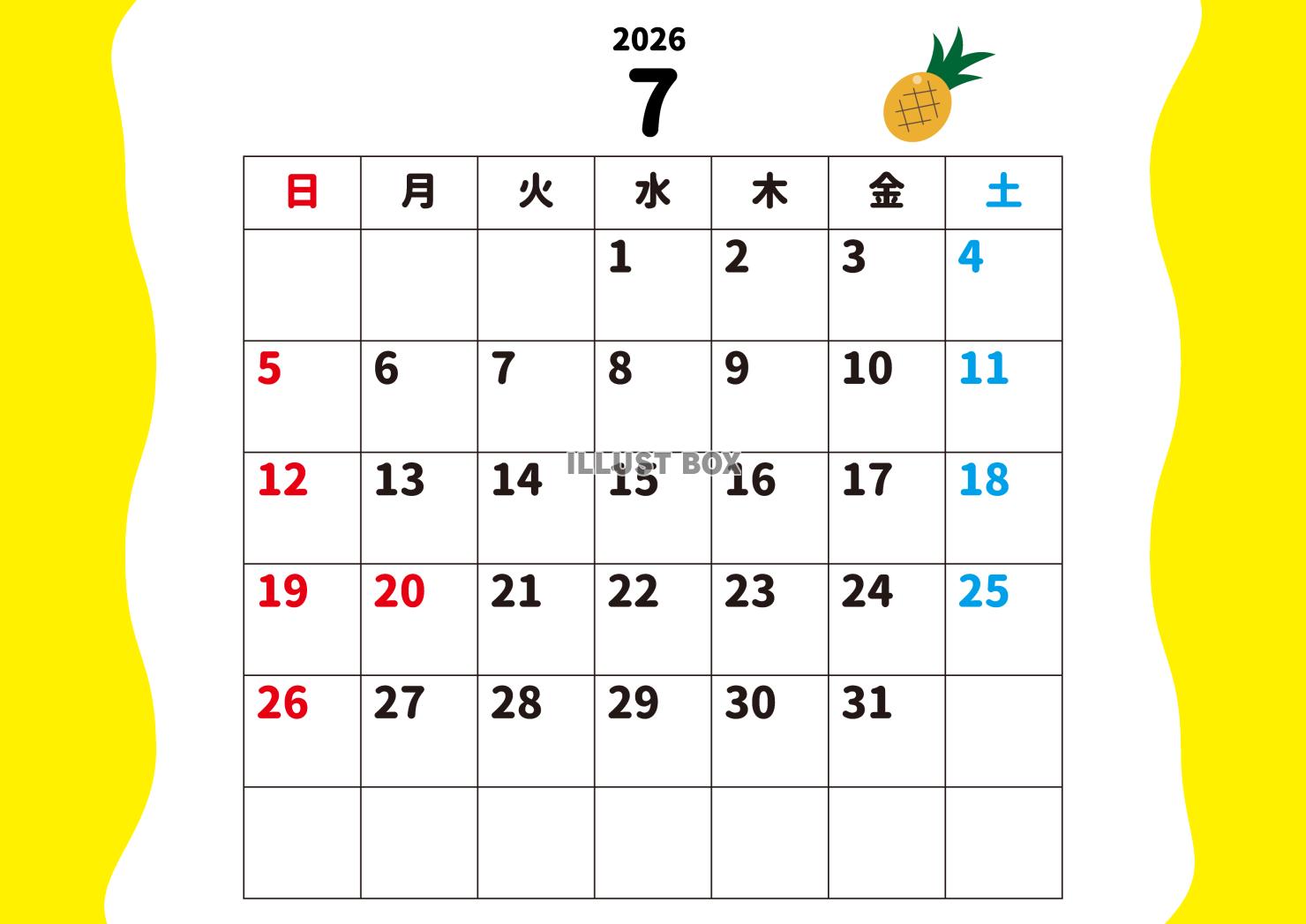 7_2026年月間カレンダー_7月・パイナップル