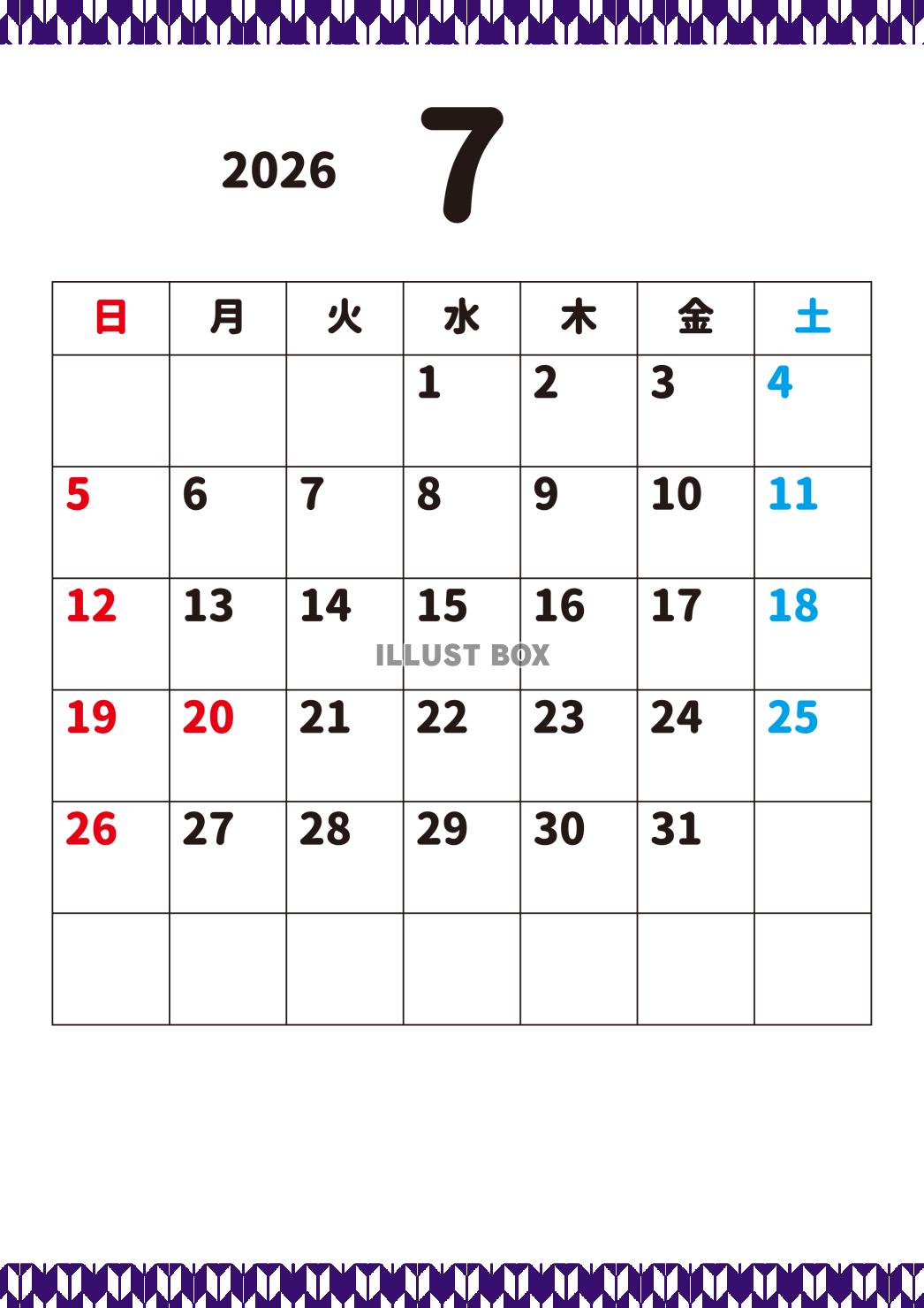 7_2026年月間カレンダー_7月・矢絣