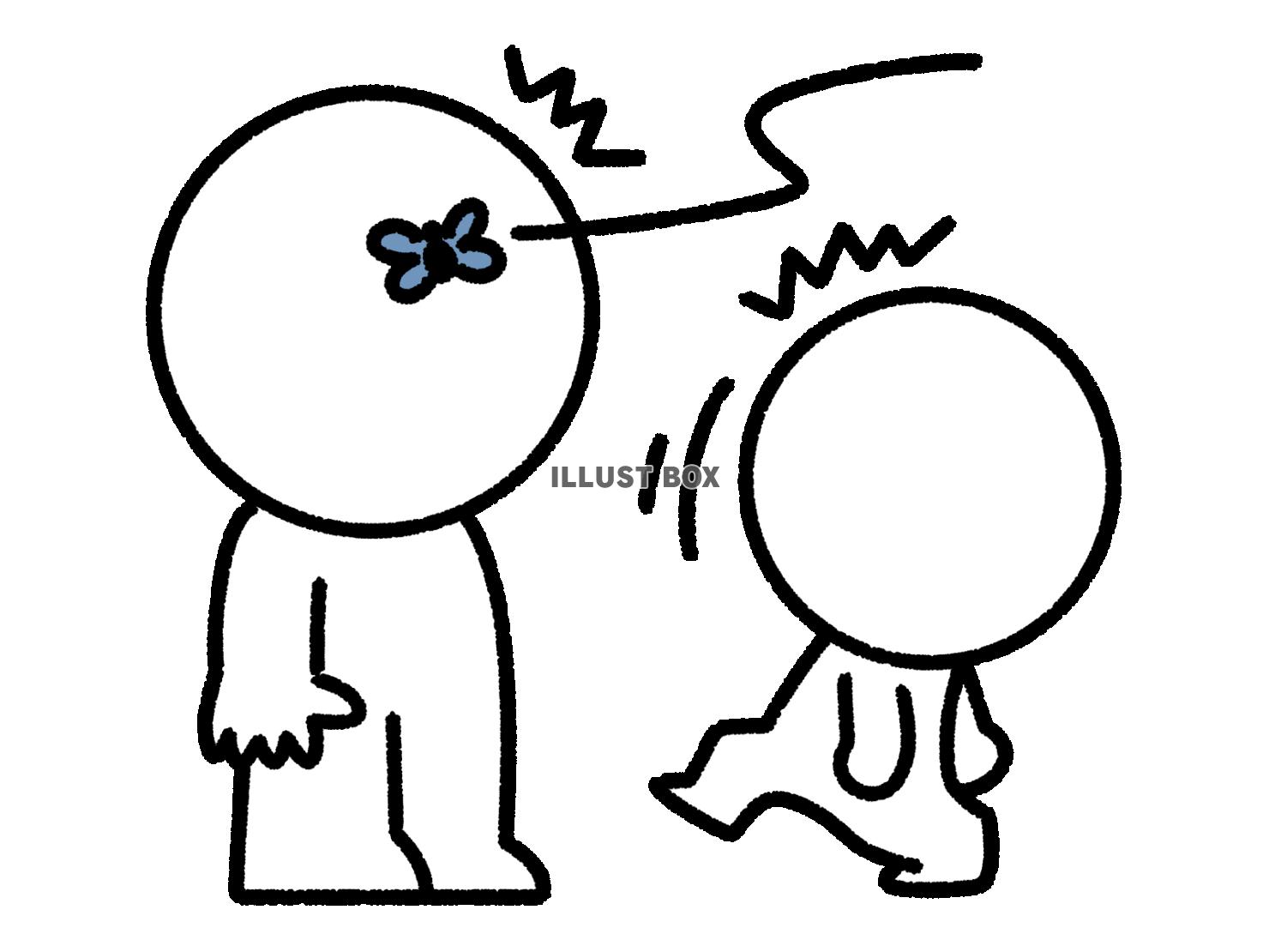 頭にハエがとまる人を見て驚く棒人間