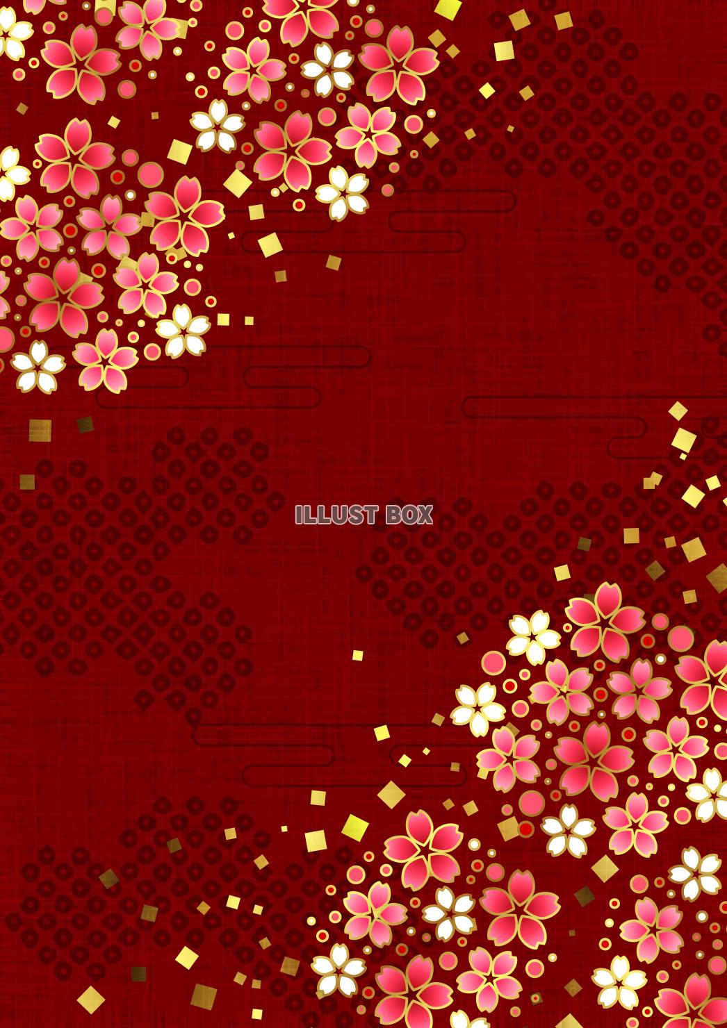 鹿の子雲に螺鈿桜の和風春背景・縦・赤