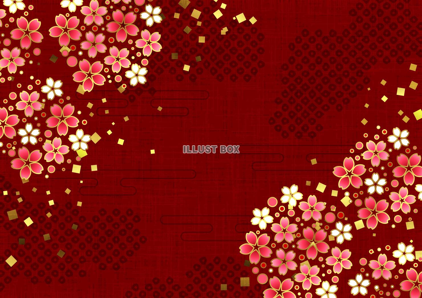 鹿の子雲に螺鈿桜の和風春背景・横・赤