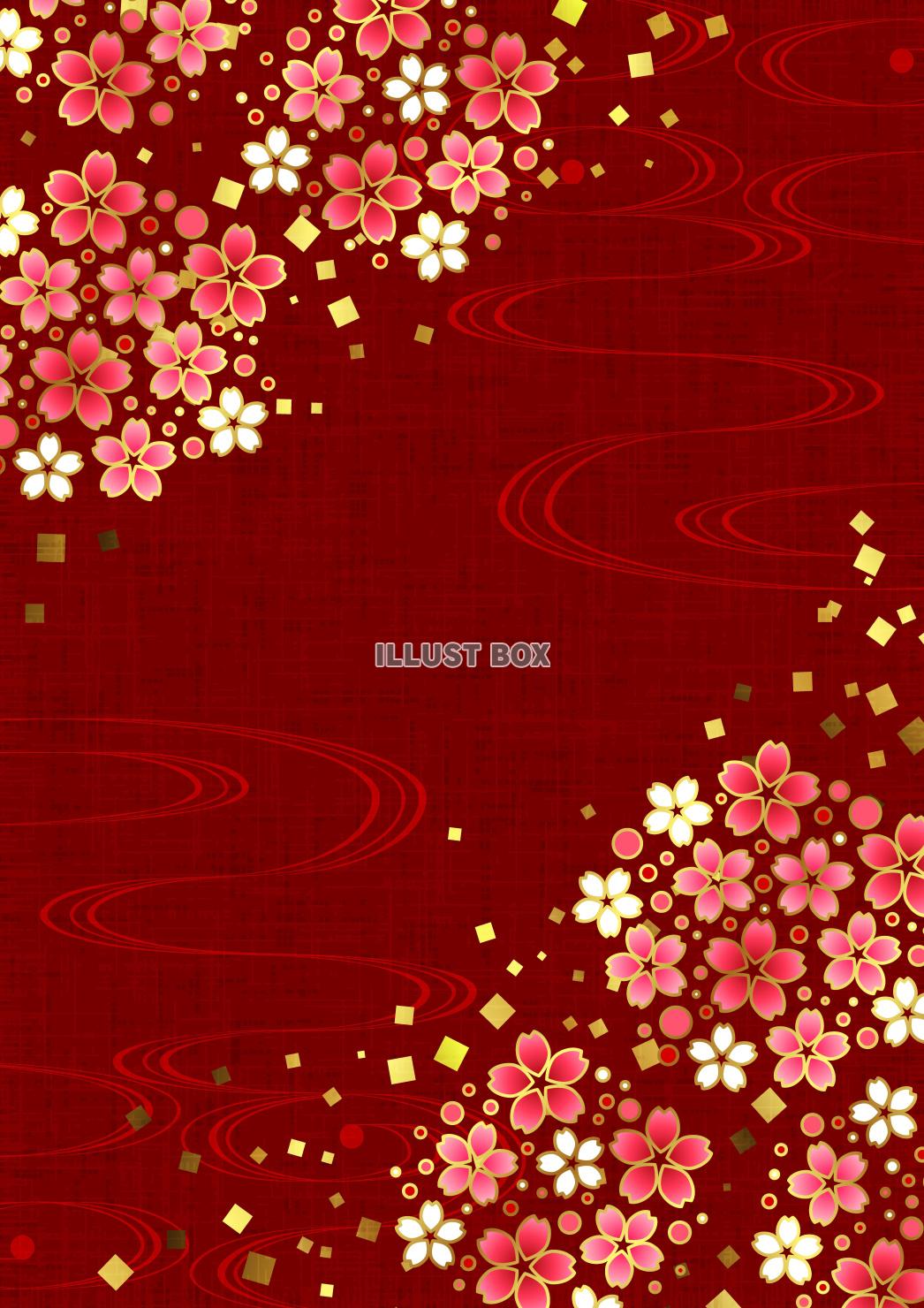 流水に螺鈿桜の和風春背景・縦・赤