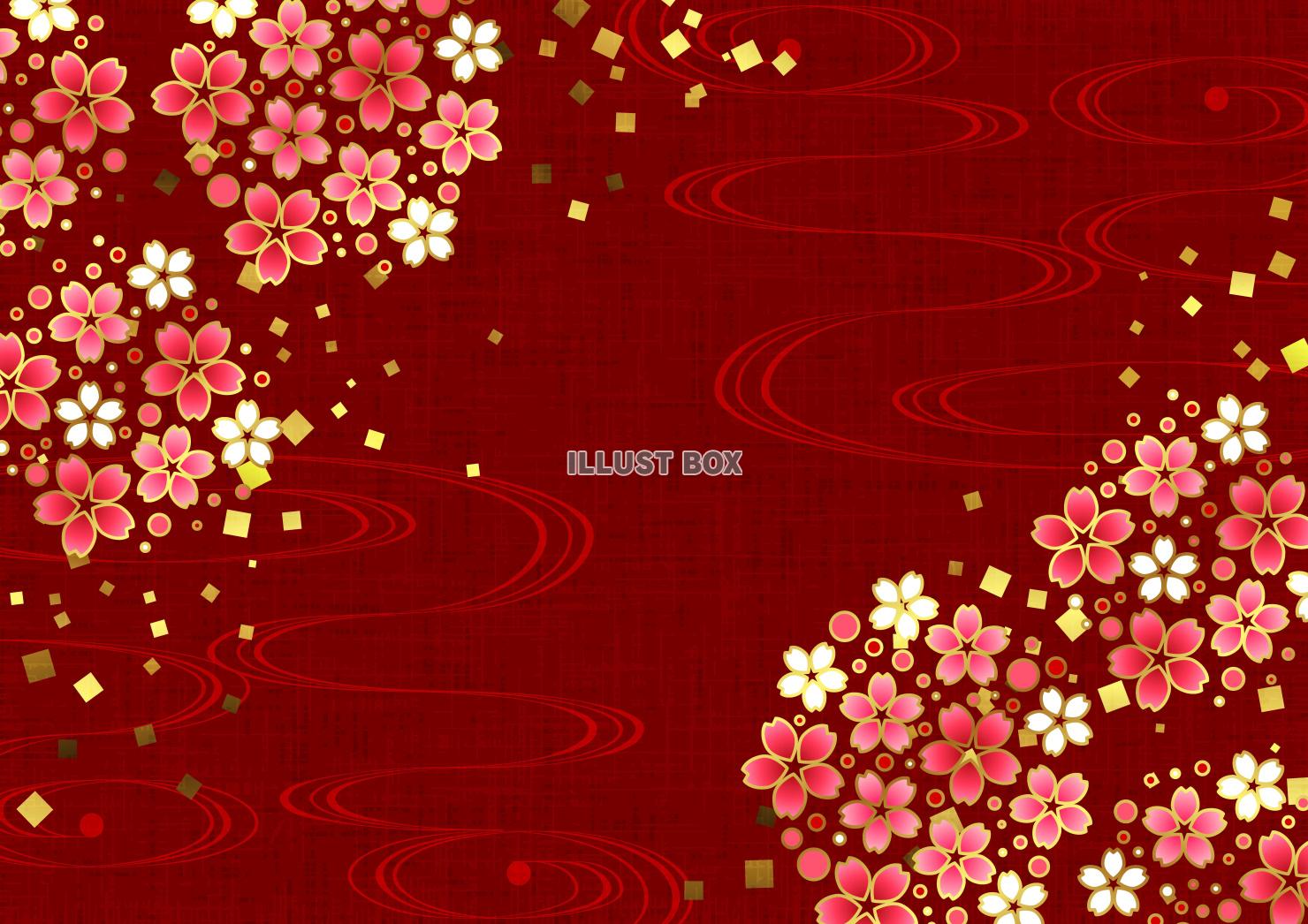 流水に螺鈿桜の和風春背景・横・赤