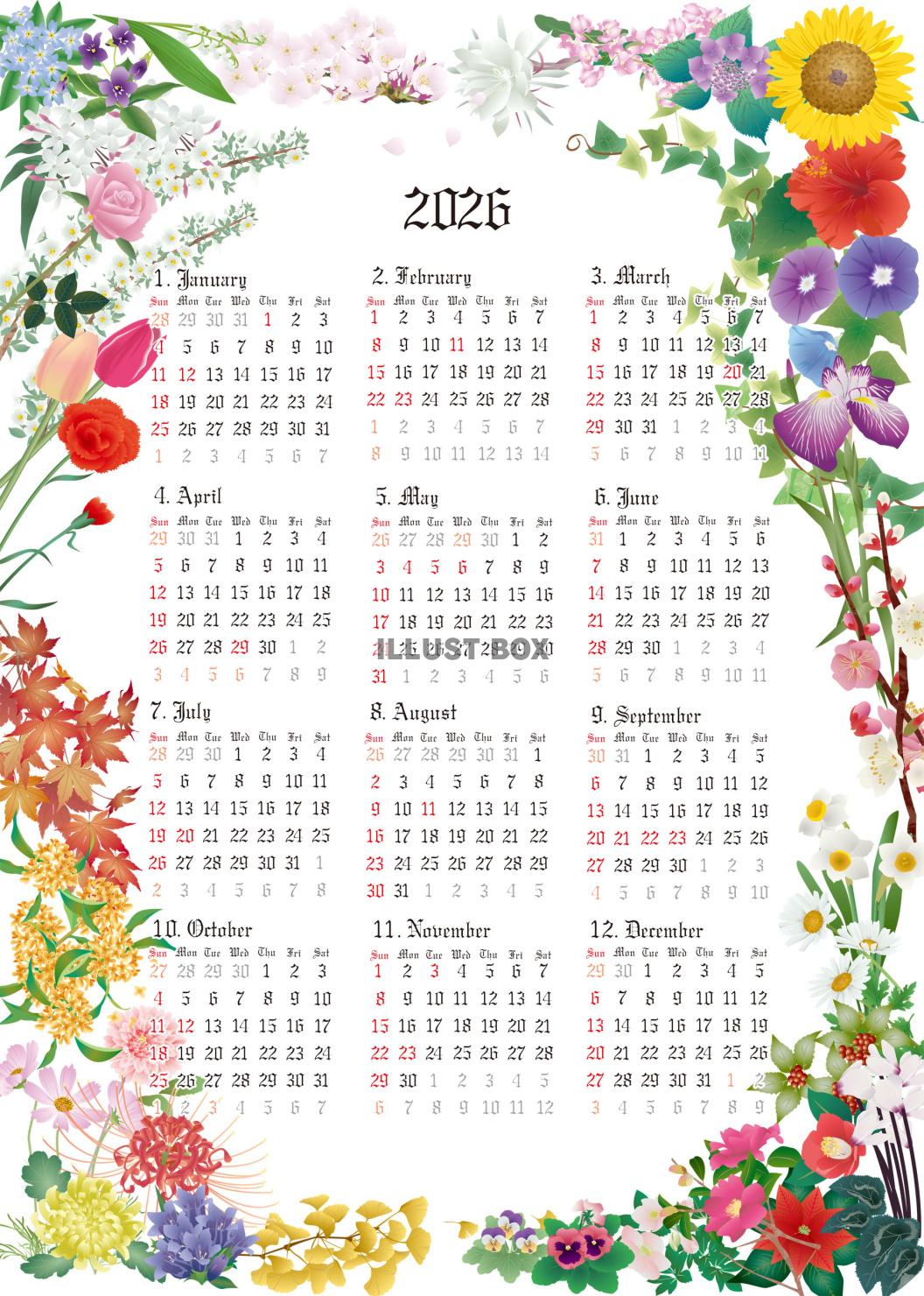 2026花カレンダー（ZIPに３倍拡大可能な透過PNG）
