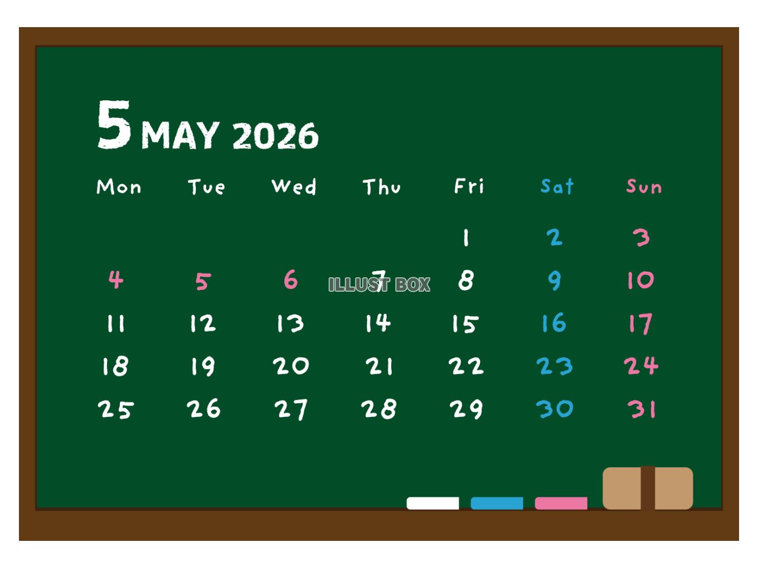 2026年版 黒板風の月間カレンダー 5月