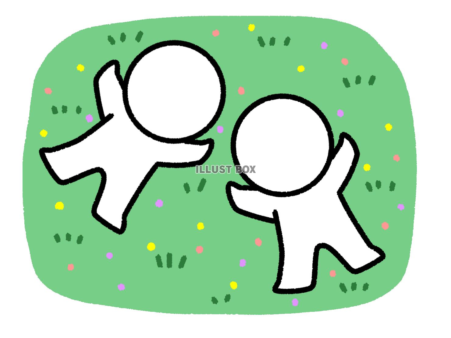 草原で大の字で寝転ぶ2人の棒人間