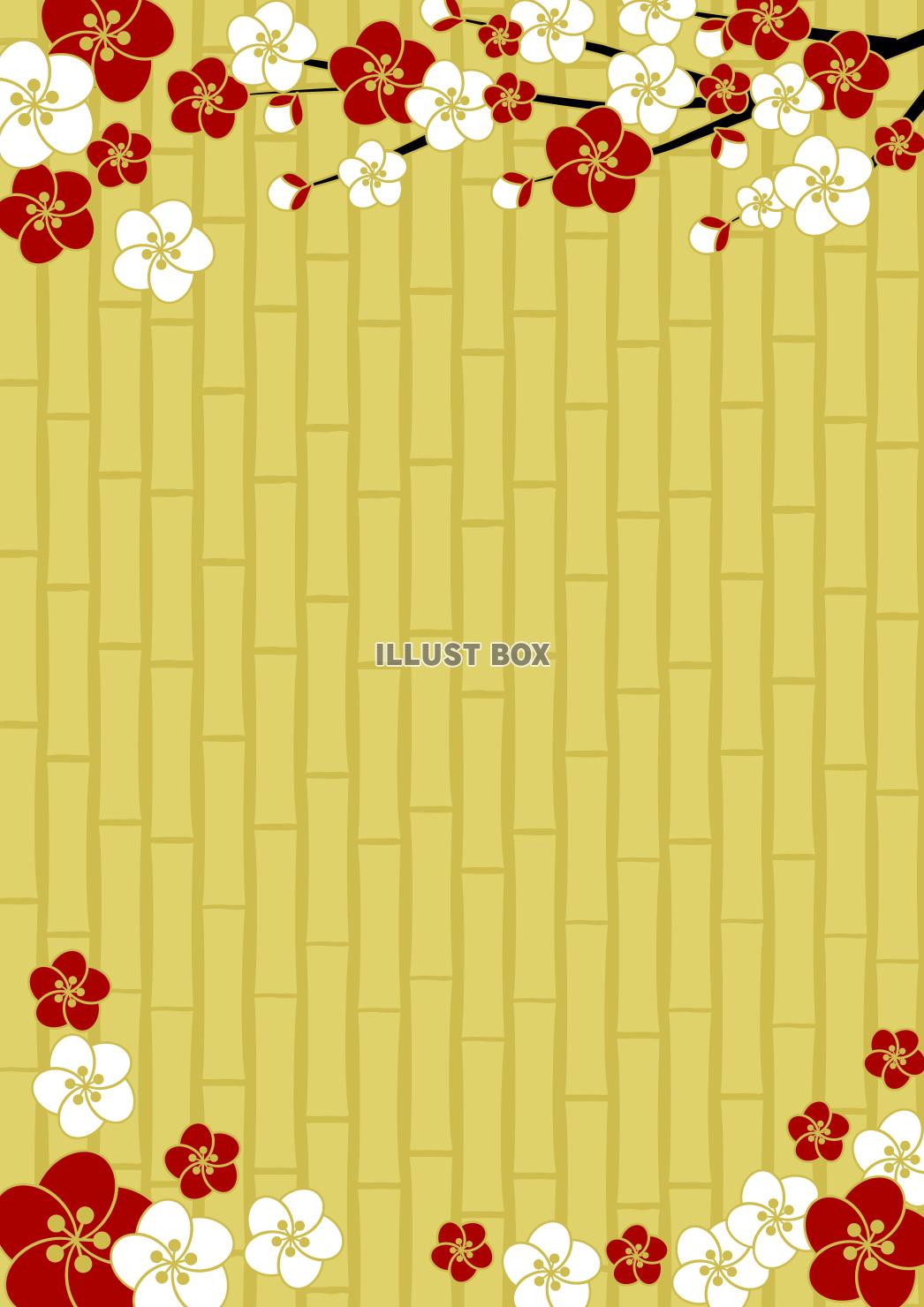 梅、竹垣、春、金色、縦