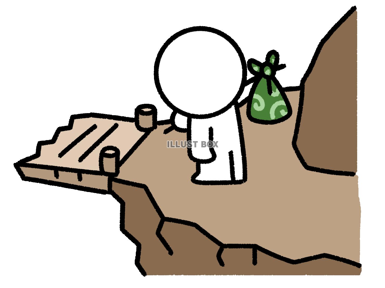 崖の壊れた橋を見て絶望する棒人間