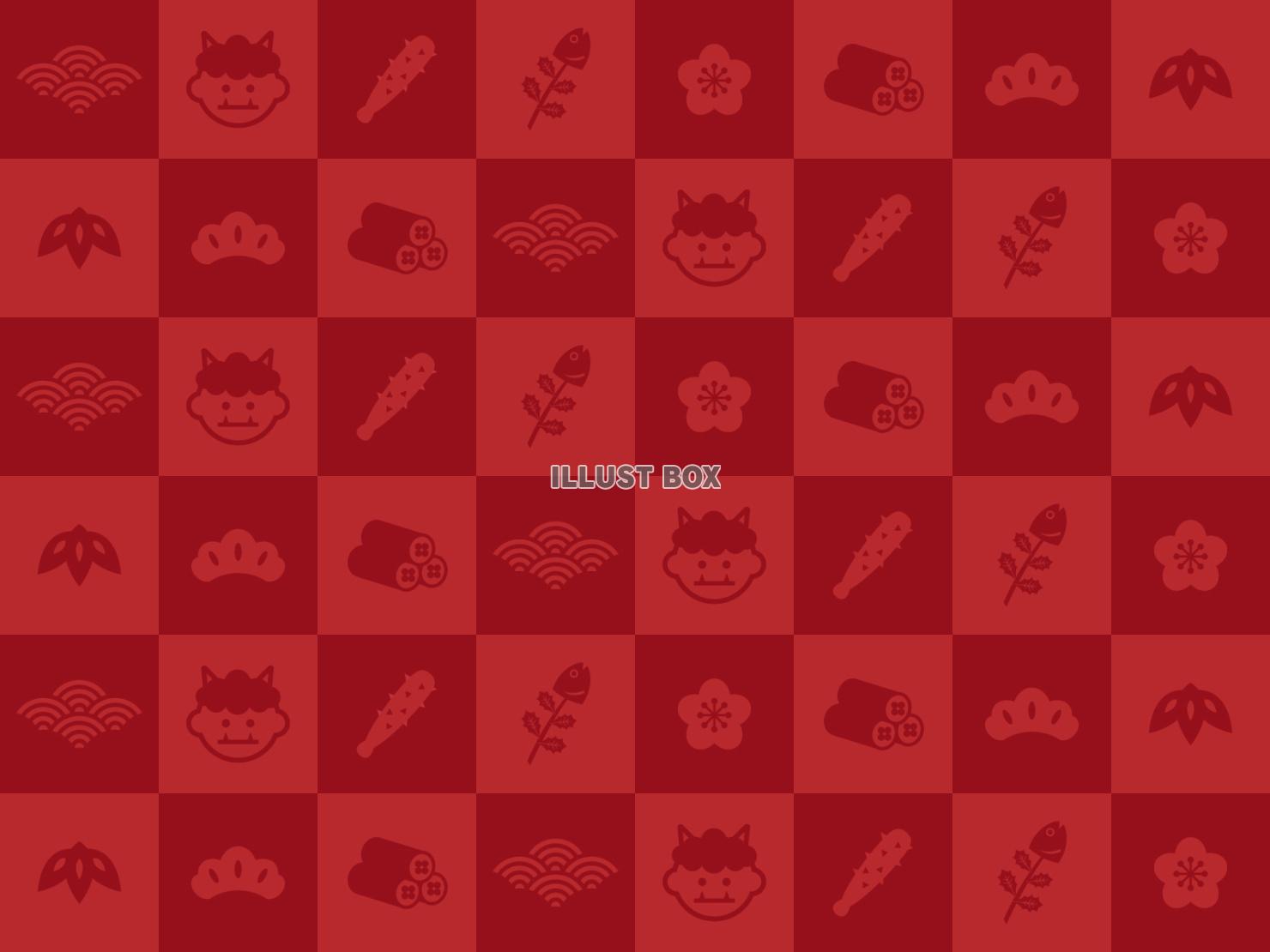 節分のイラストと松竹梅の和柄の背景（赤）