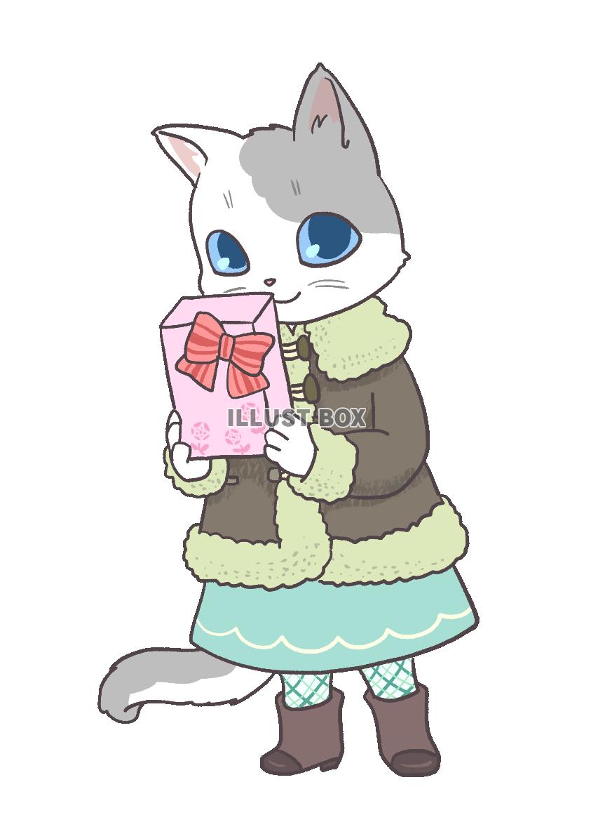バレンタインギフトを持つ猫の女の子