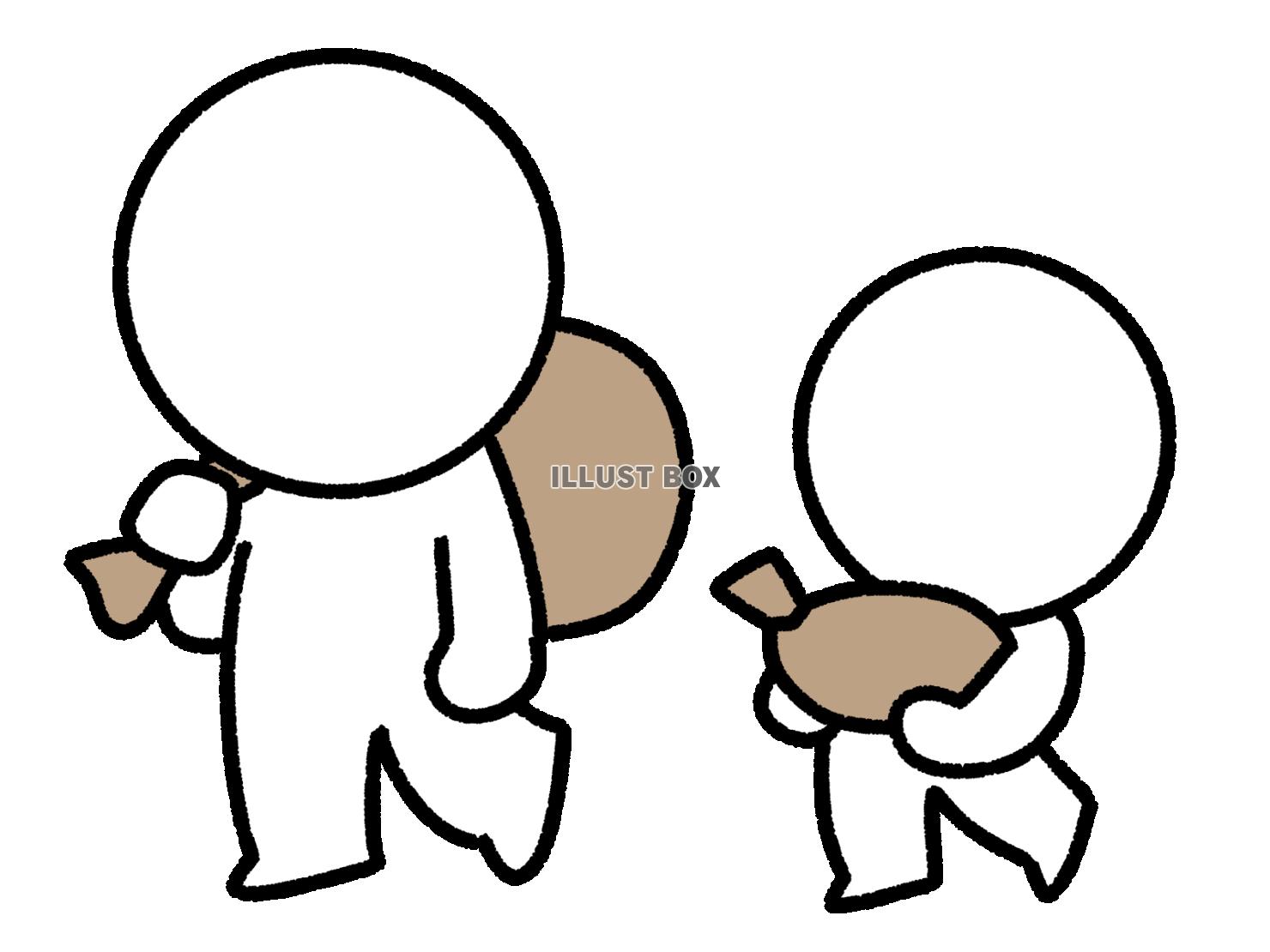 ズタ袋を持つ棒人間の親子