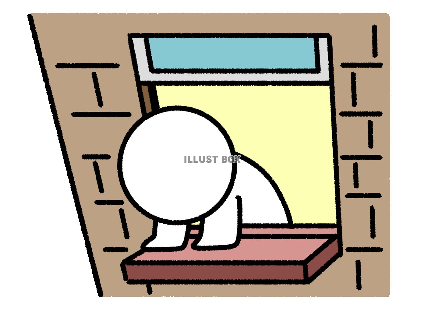 窓から顔を出して下を見る棒人間