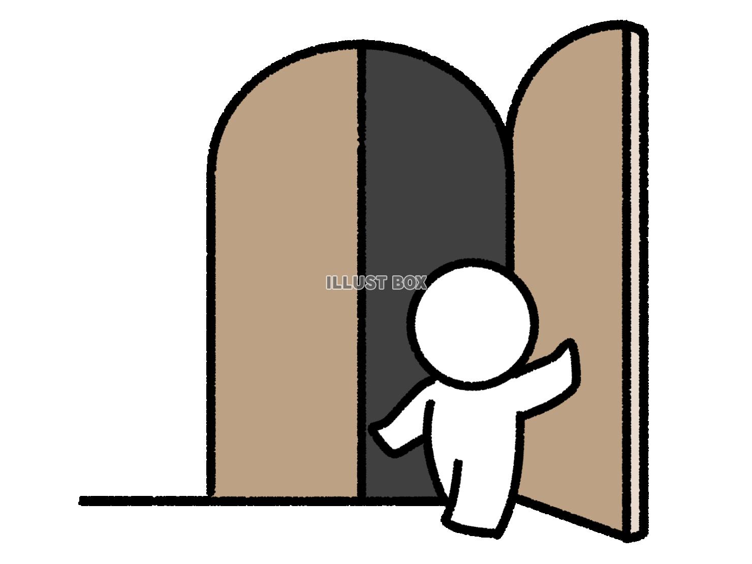 大きな扉を開けて入る棒人間