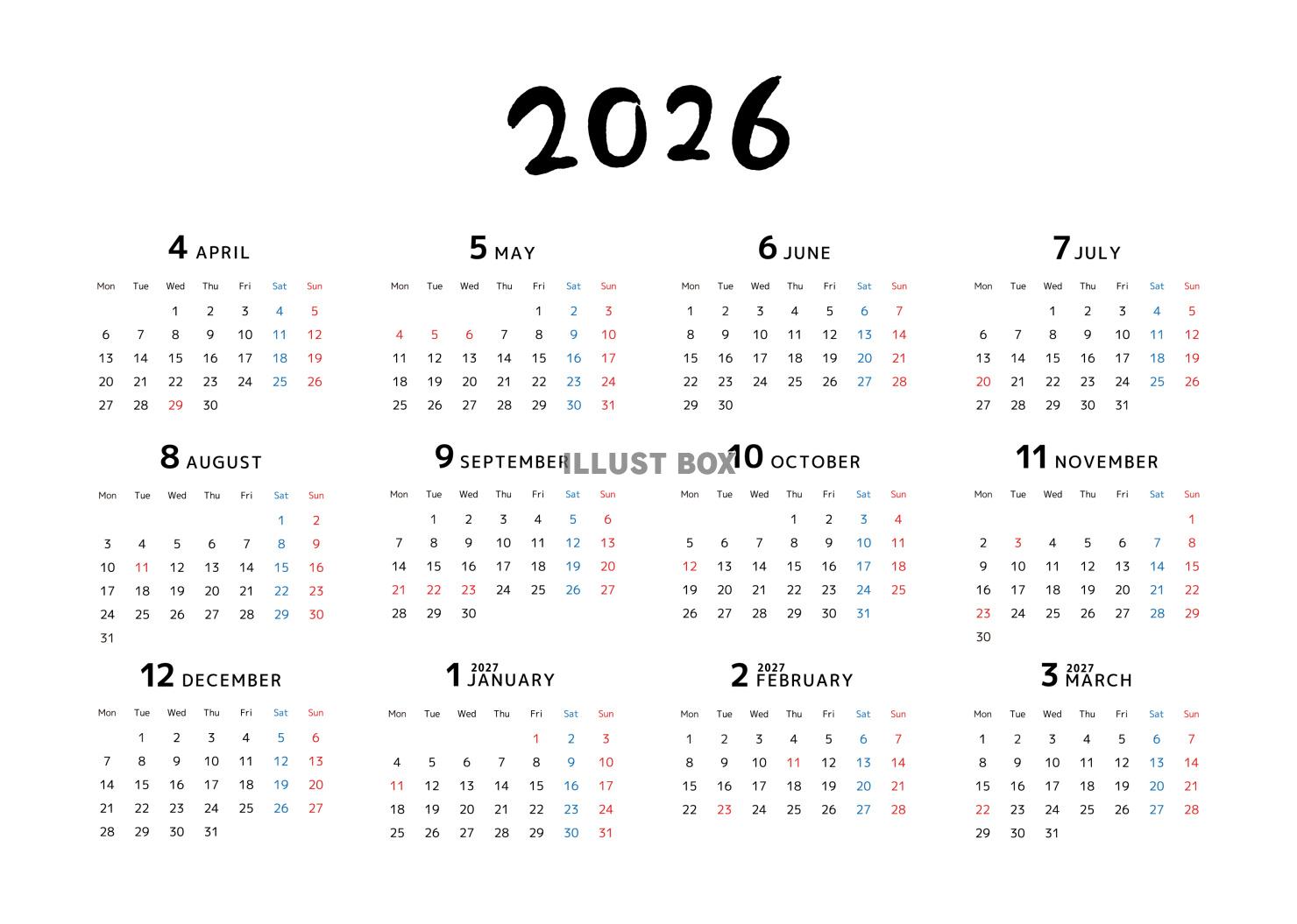 【4月始まり】2026年 とてもシンプルな年間カレンダー 縦...