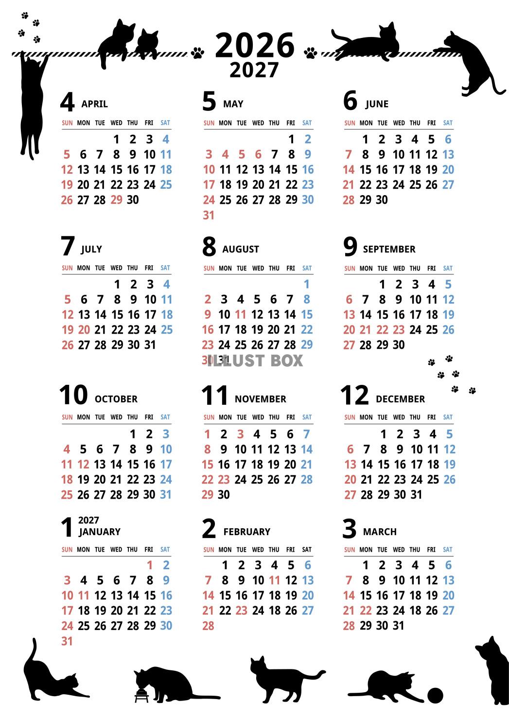 2026年★年間カレンダー★4月始まり★猫シルエット★