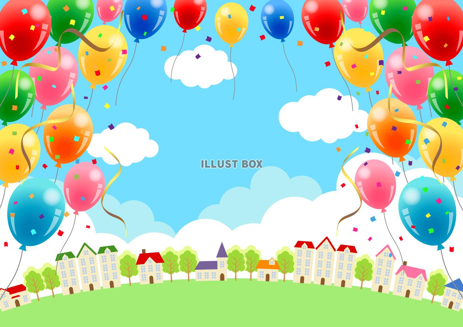 風船、背景、紙吹雪、街並み、横