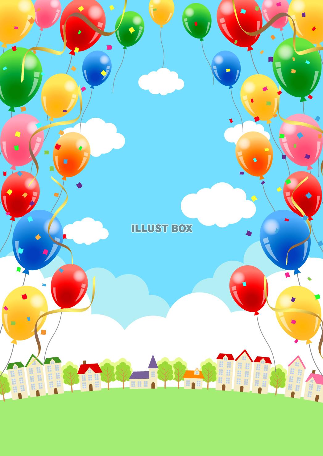 風船、背景、紙吹雪、街並み、縦