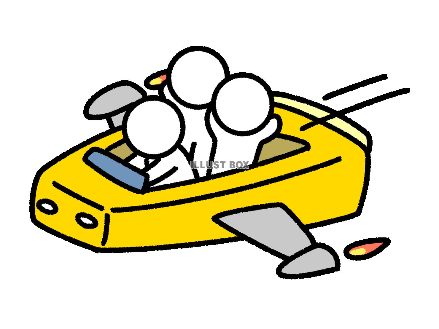 未来の飛行機に乗って喜ぶ棒人間