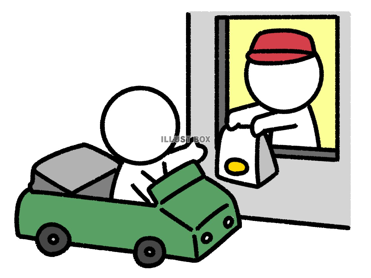 ドライブスルーで商品を受け取る棒人間