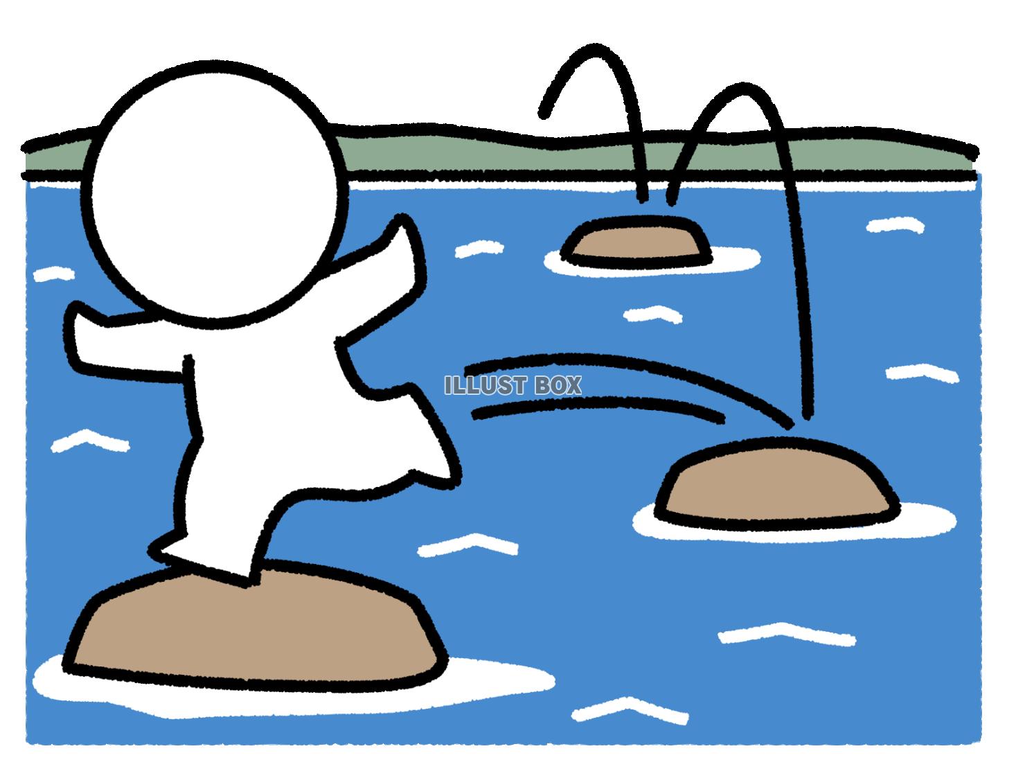 川にある岩の上を走り抜ける棒人間