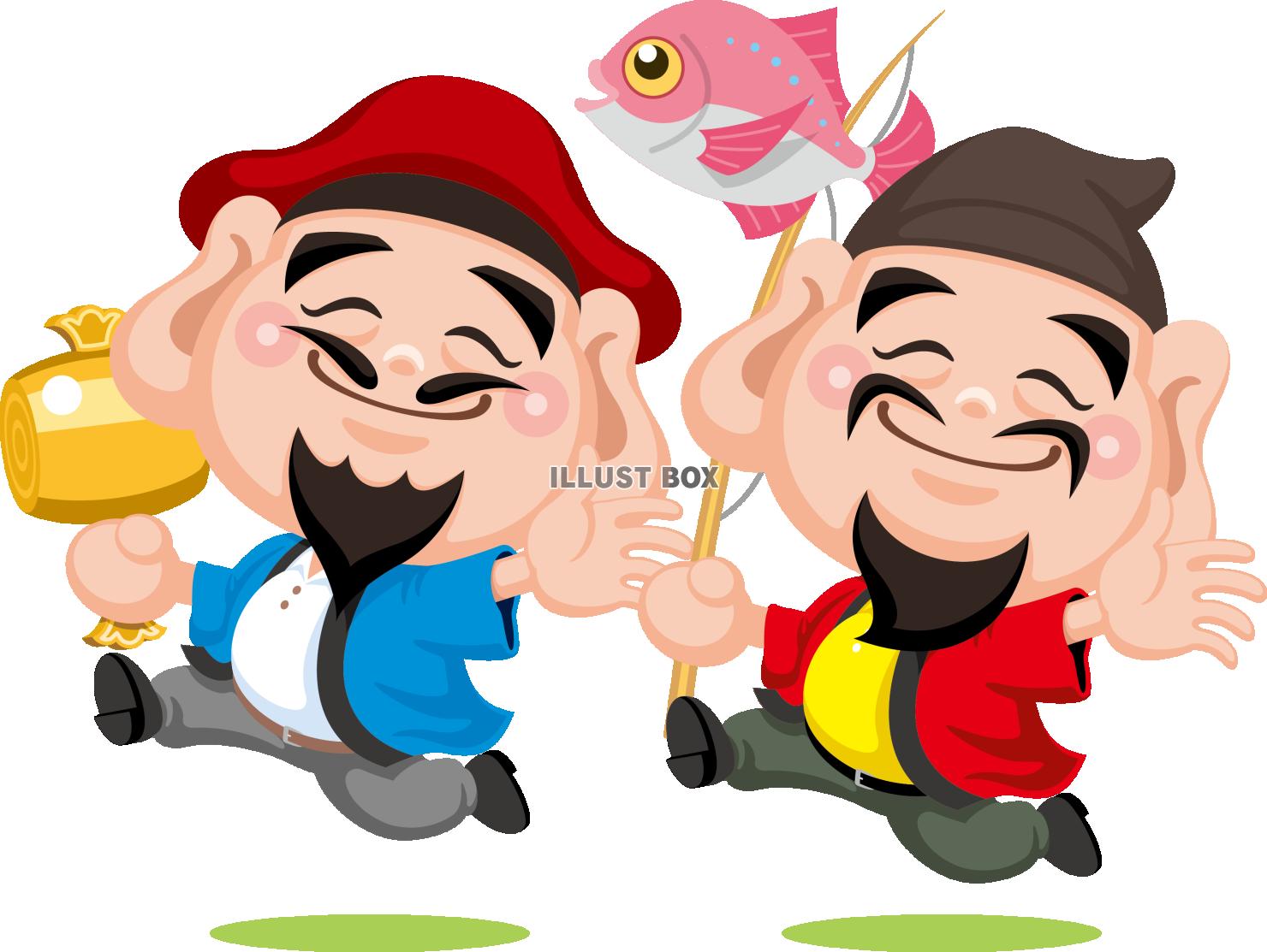 並んでスキップおめでたい恵比寿様と大黒様