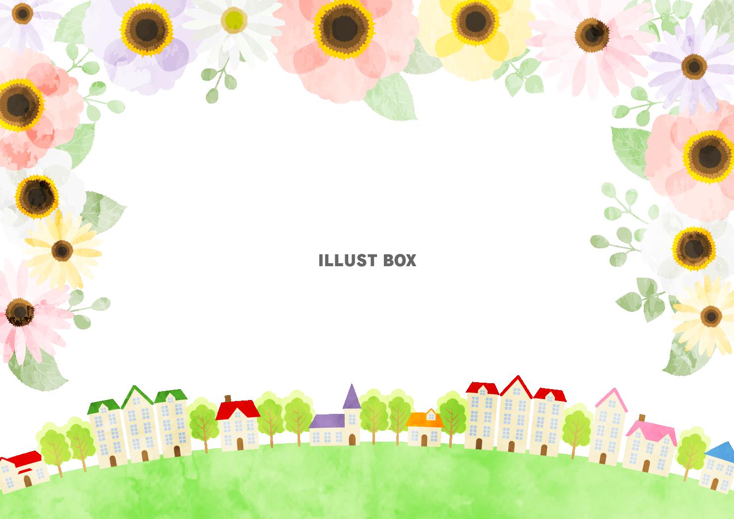 花、背景、水彩、枠、街並み、横