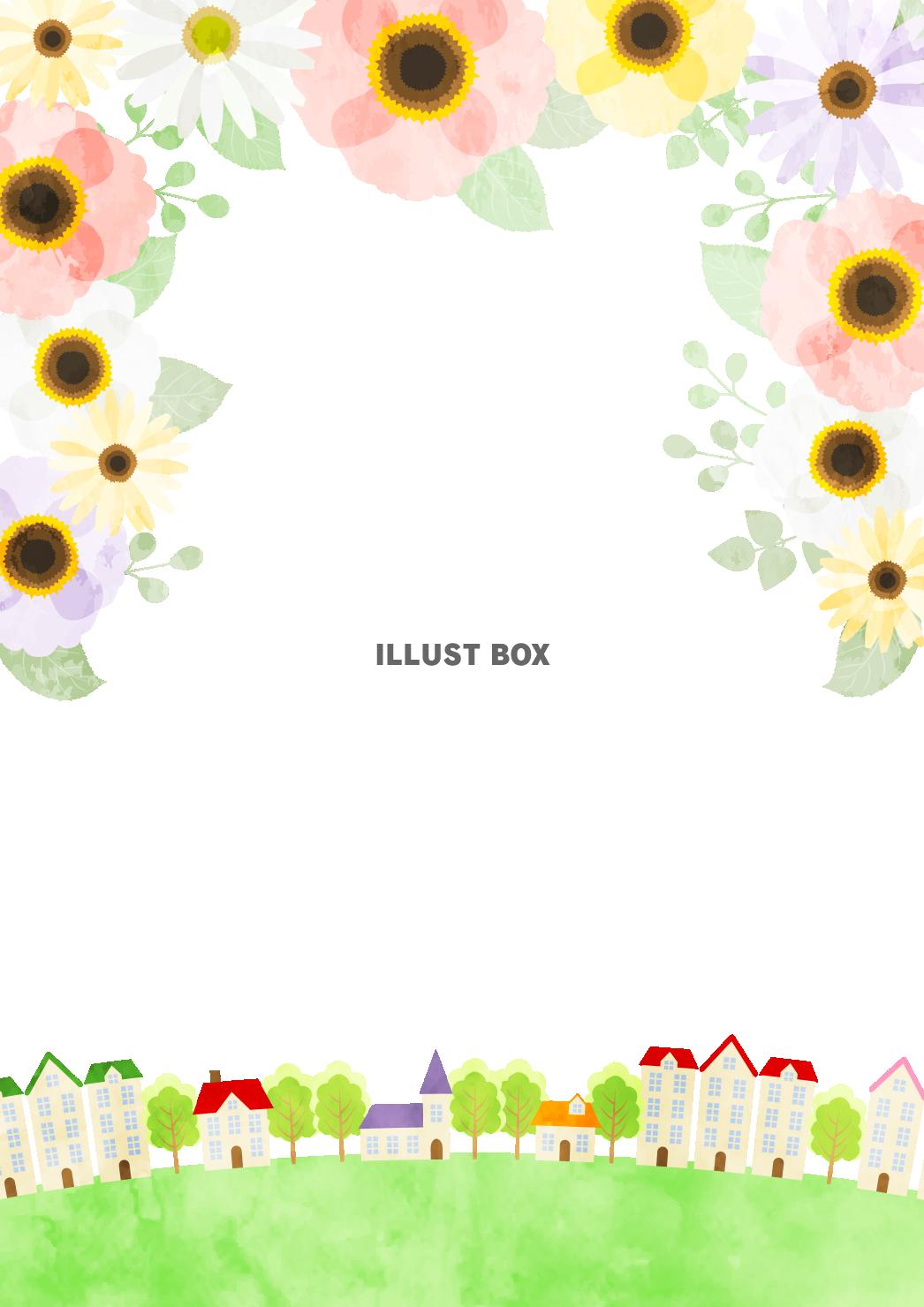 花、背景、水彩、枠、街並み、縦